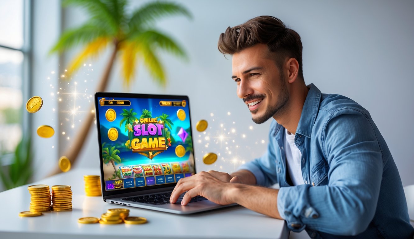 Seorang pria muda duduk di meja dengan laptop yang menampilkan permainan slot online bertema pulau tropis, terlihat fokus dan antusias.