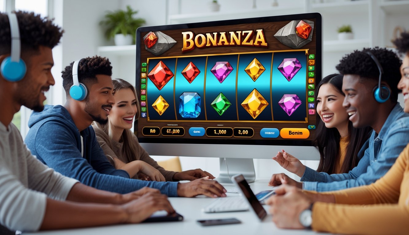 Beberapa orang muda sedang bermain dan belajar memenangkan permainan slot online Bonanza di depan komputer di ruangan yang terang dan modern.