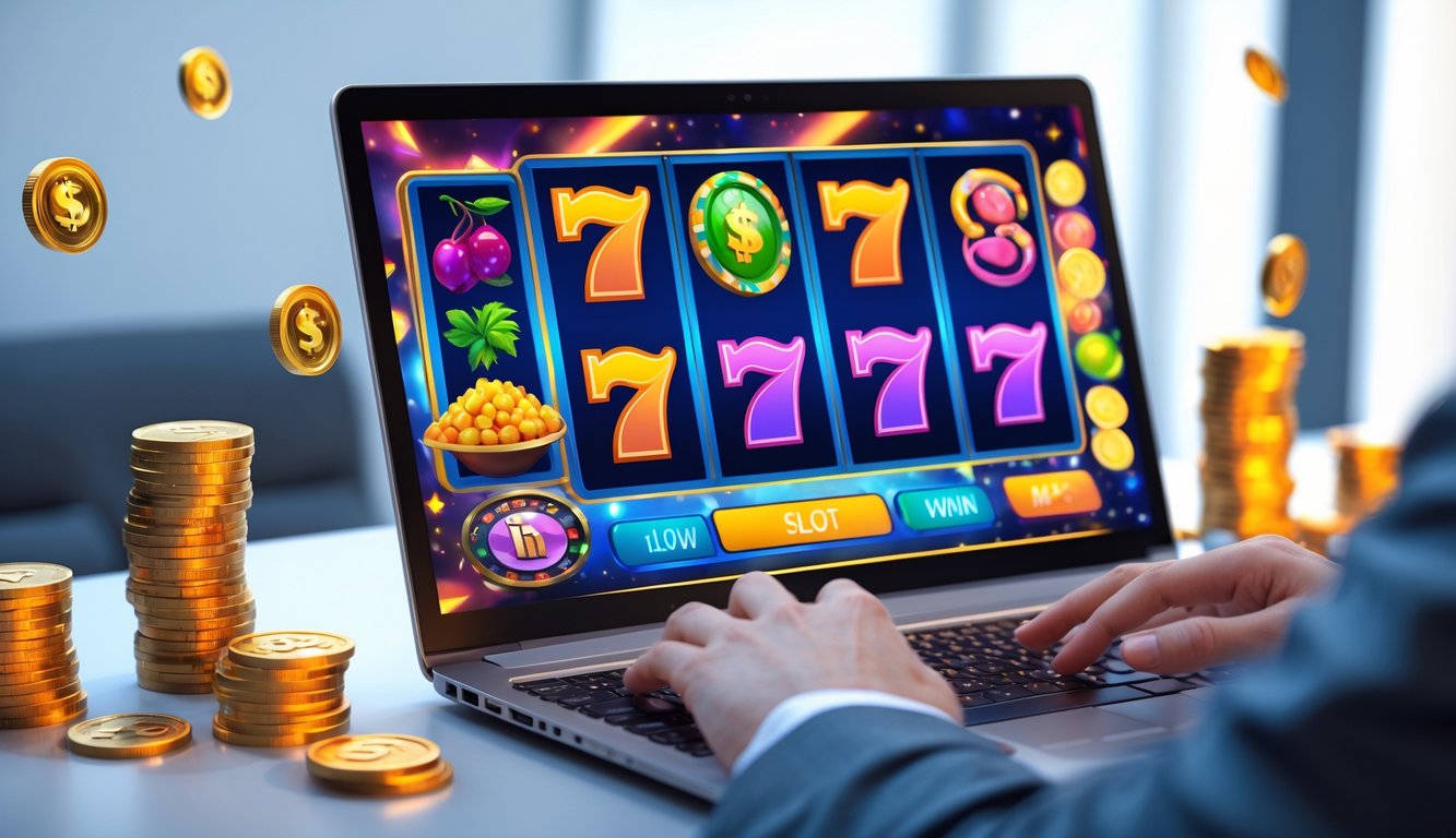 Seseorang bermain permainan slot online di komputer dengan simbol warna-warni dan koin digital di sekitarnya.