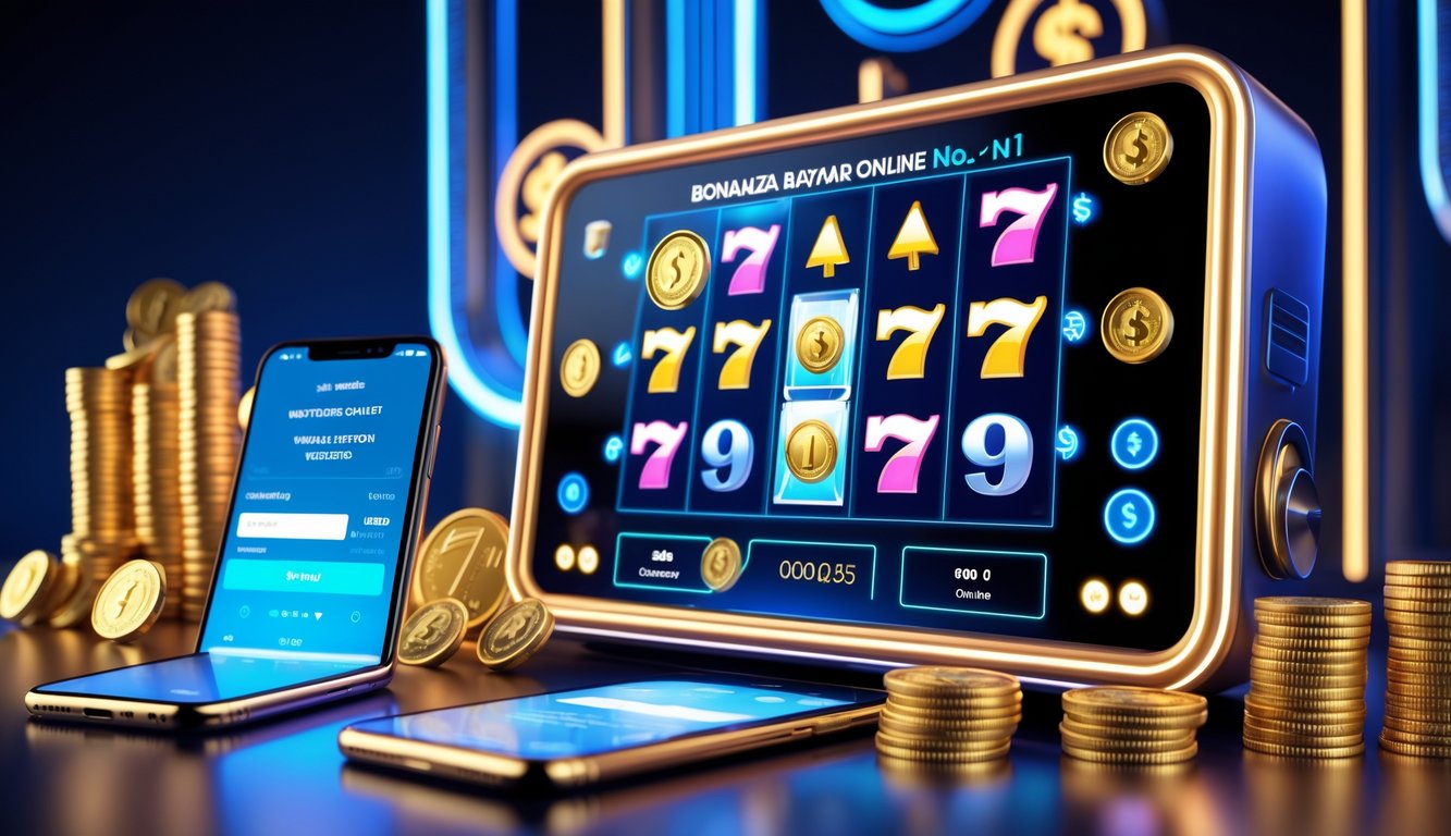 Mesin slot digital berwarna cerah dengan simbol koin emas dan jackpot, dikelilingi oleh ponsel yang menampilkan konfirmasi transaksi dan dompet digital.