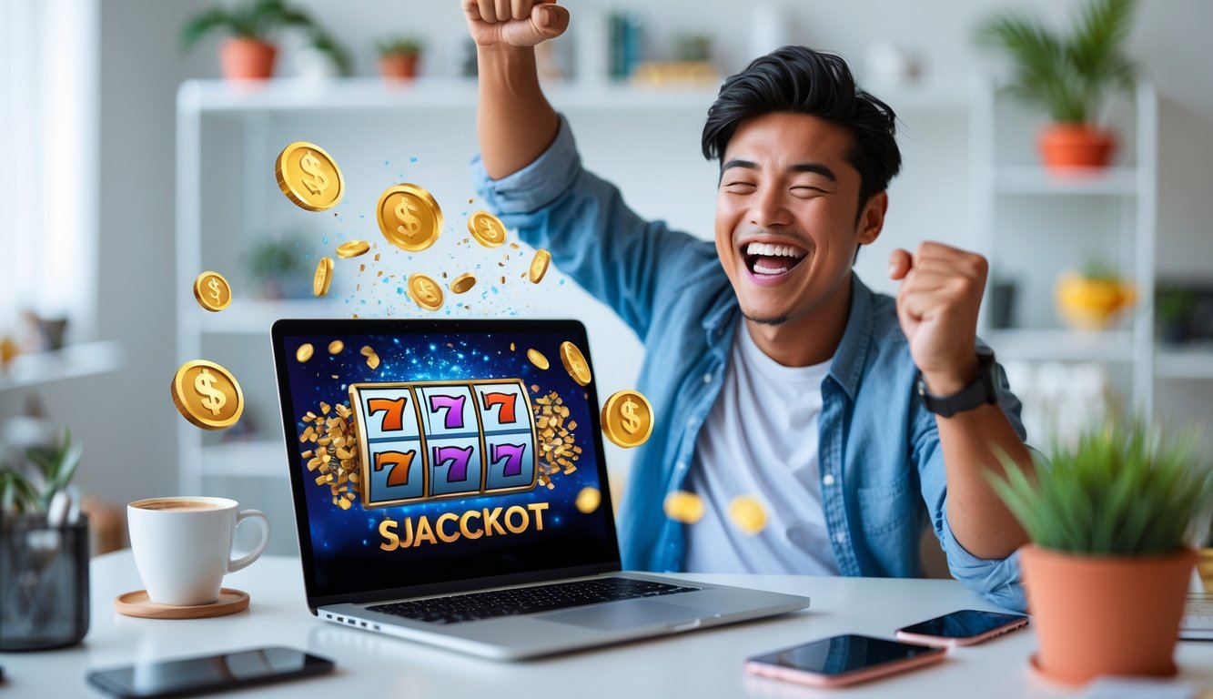 Seseorang muda bahagia merayakan kemenangan besar saat bermain slot online di laptop di ruang kerja modern.