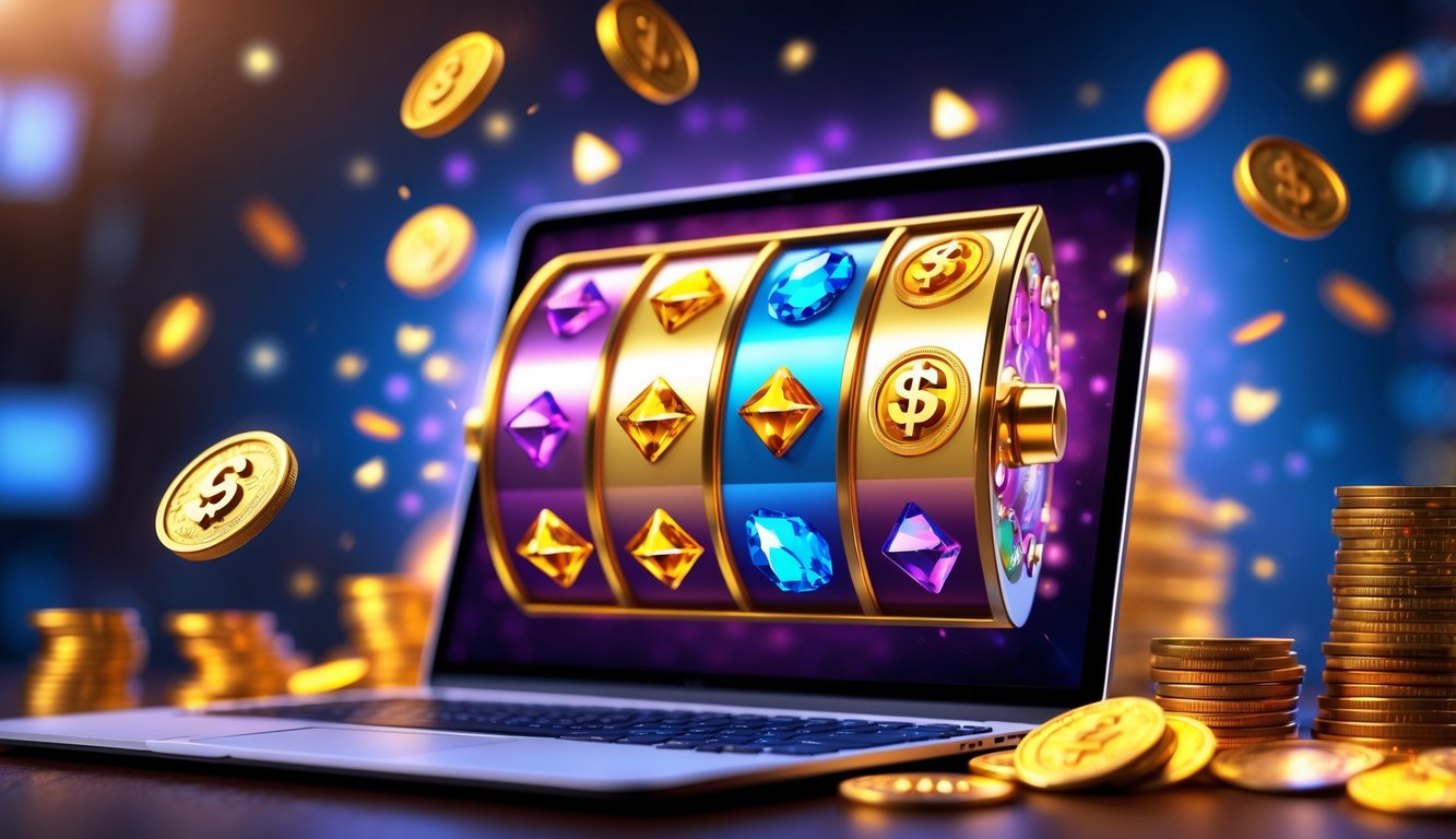 Seorang pemain menggunakan laptop dengan layar menampilkan permainan slot online Bonanza yang penuh warna, dikelilingi oleh simbol pembayaran digital dan koin emas.