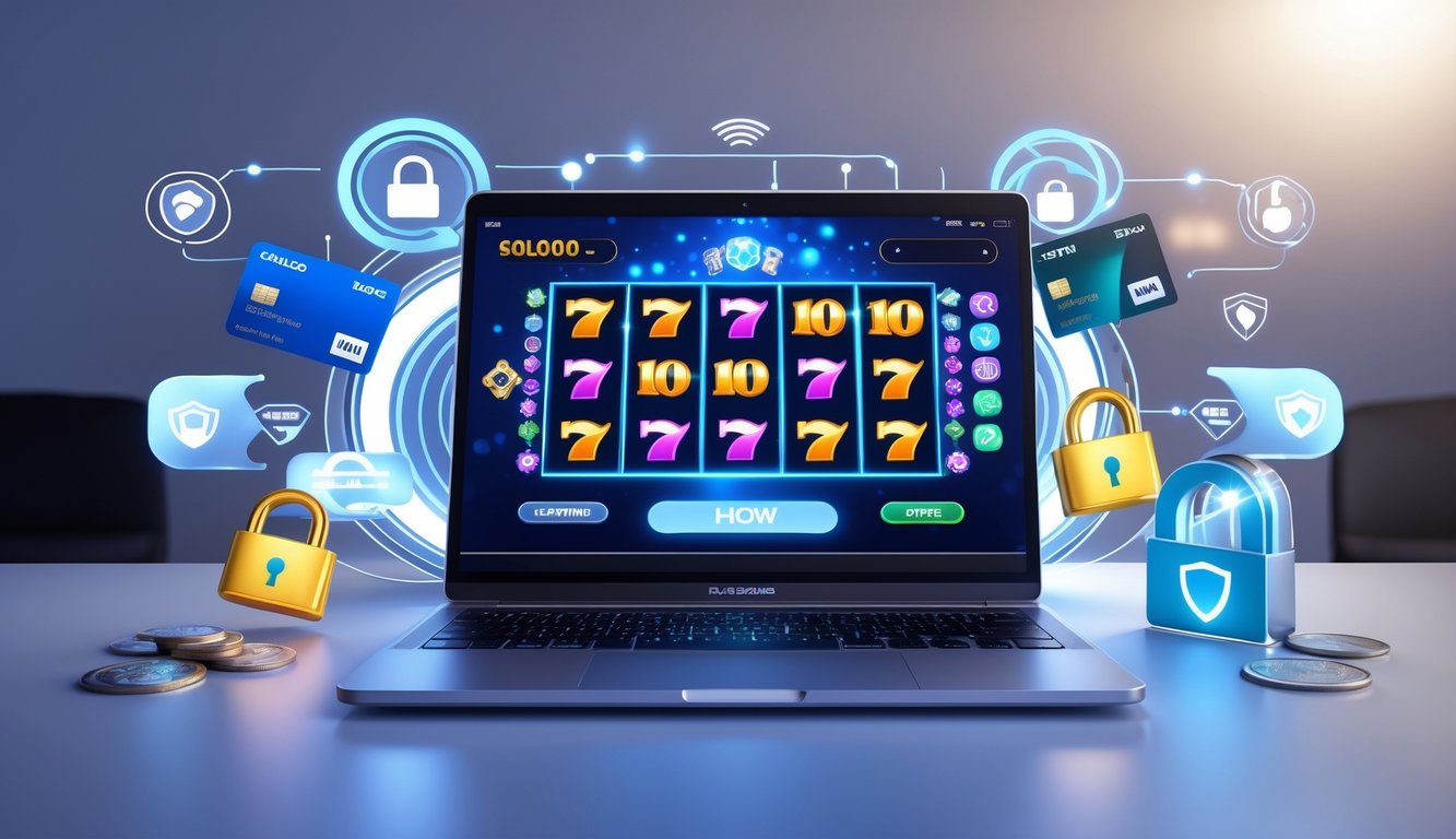 Sebuah komputer dengan permainan slot online di layar dan ikon keamanan serta metode pembayaran digital di sekitarnya.