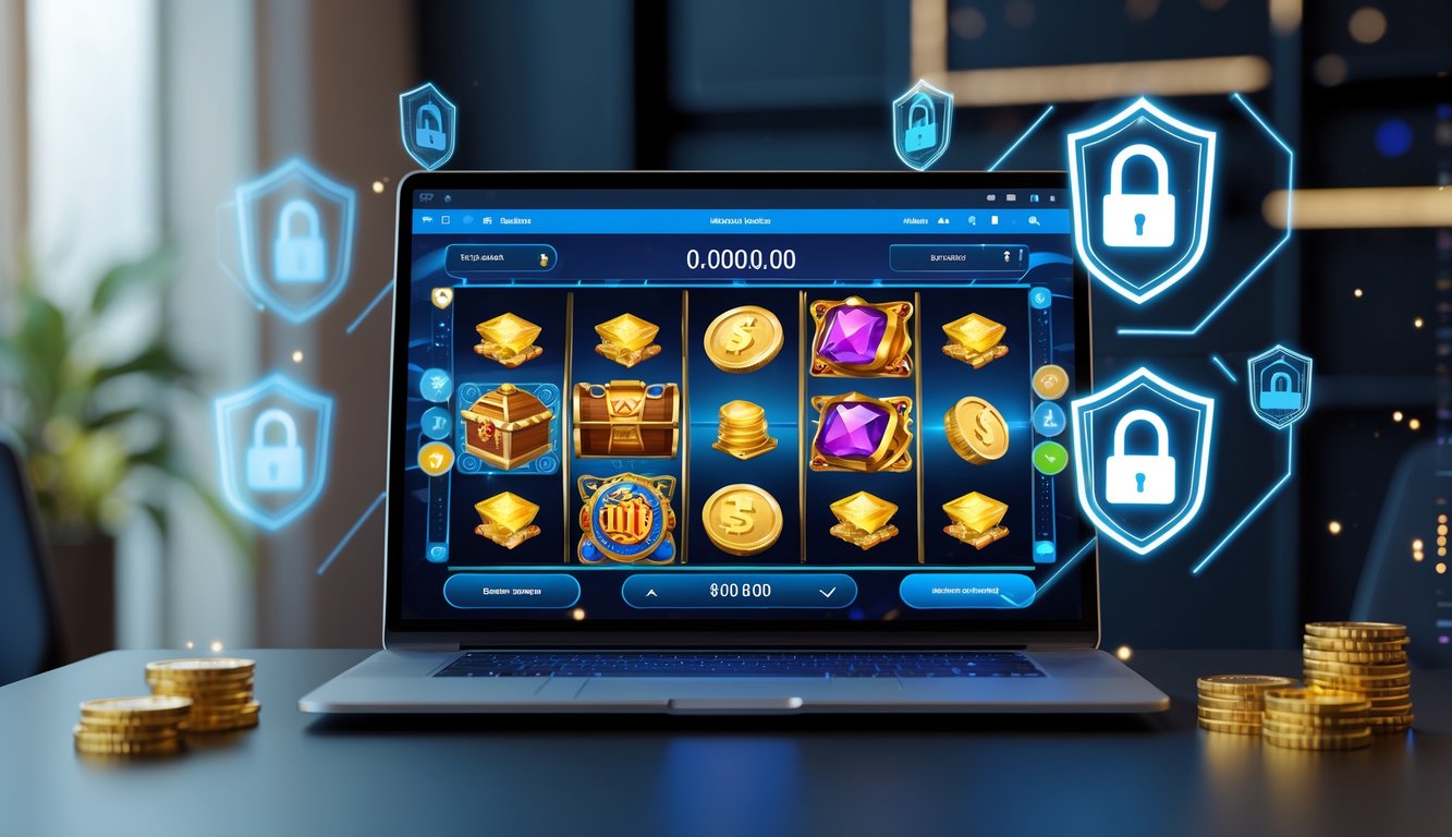 Sebuah tampilan komputer dengan permainan slot online yang menampilkan koin emas dan peti harta karun, dengan ikon keamanan seperti gembok dan perisai di latar belakang.