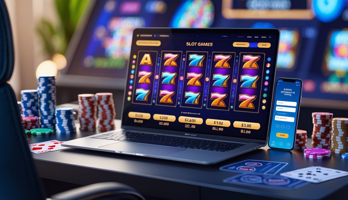 Sebuah meja kerja dengan komputer yang menampilkan permainan slot online berwarna-warni dan perangkat pembayaran online, dikelilingi oleh chip poker dan kartu remi.