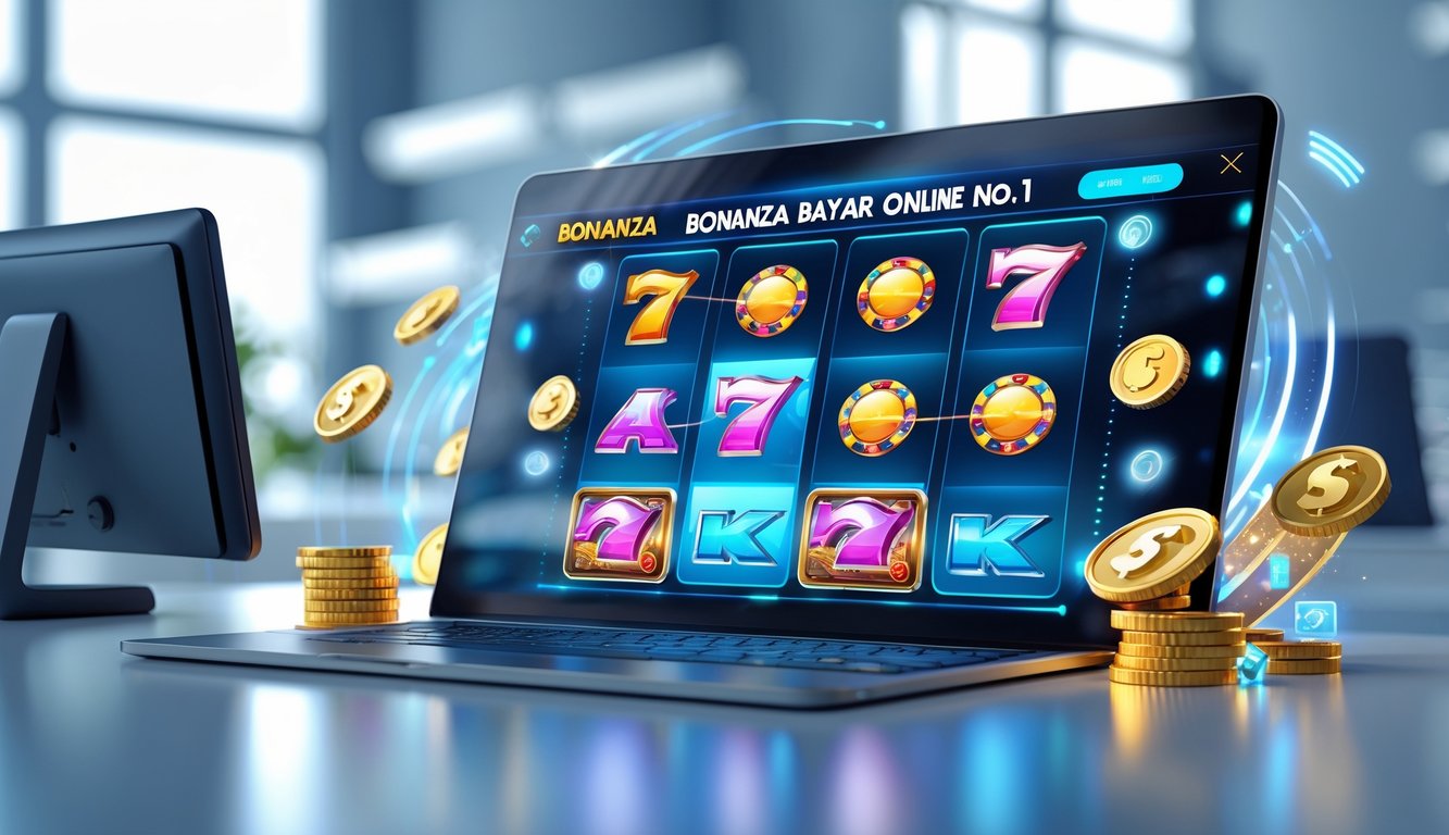 Layar komputer menampilkan permainan slot online dengan ikon warna-warni dan efek cahaya di lingkungan kantor yang rapi.