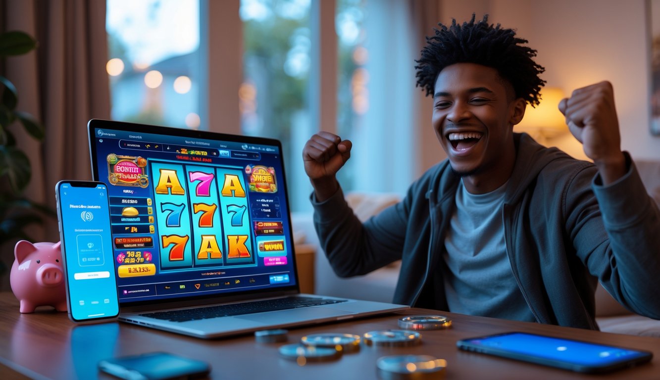 Seorang dewasa muda tersenyum gembira sambil merayakan kemenangan slot online di depan laptop di ruang tamu yang nyaman.