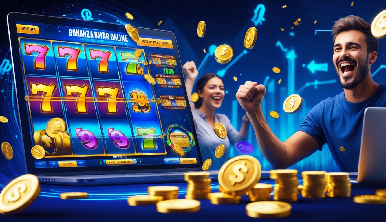 Seorang pemain yang sedang merayakan kemenangan besar dalam permainan slot online dengan latar belakang mesin slot digital dan simbol koin emas.