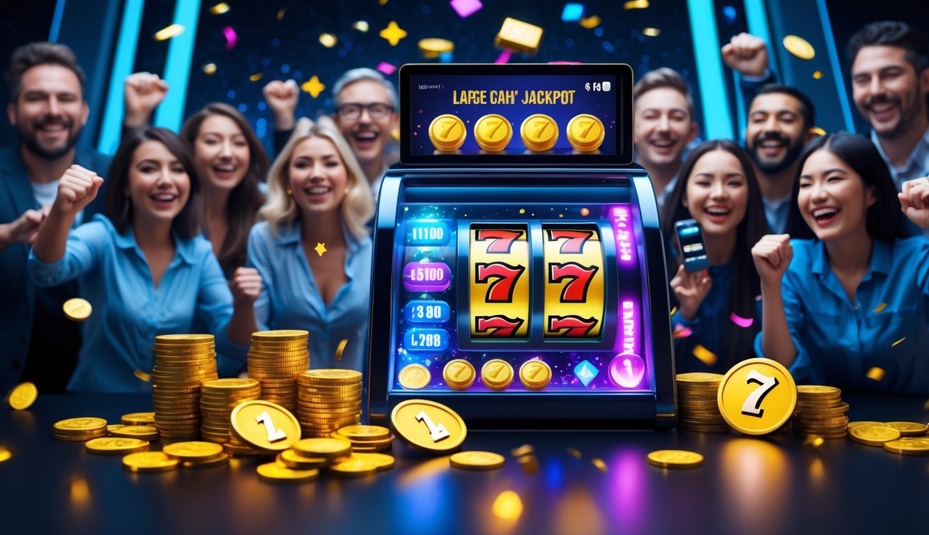 Orang-orang yang bahagia merayakan kemenangan besar pada mesin slot online yang berwarna-warni dengan koin emas dan simbol jackpot di latar belakang.