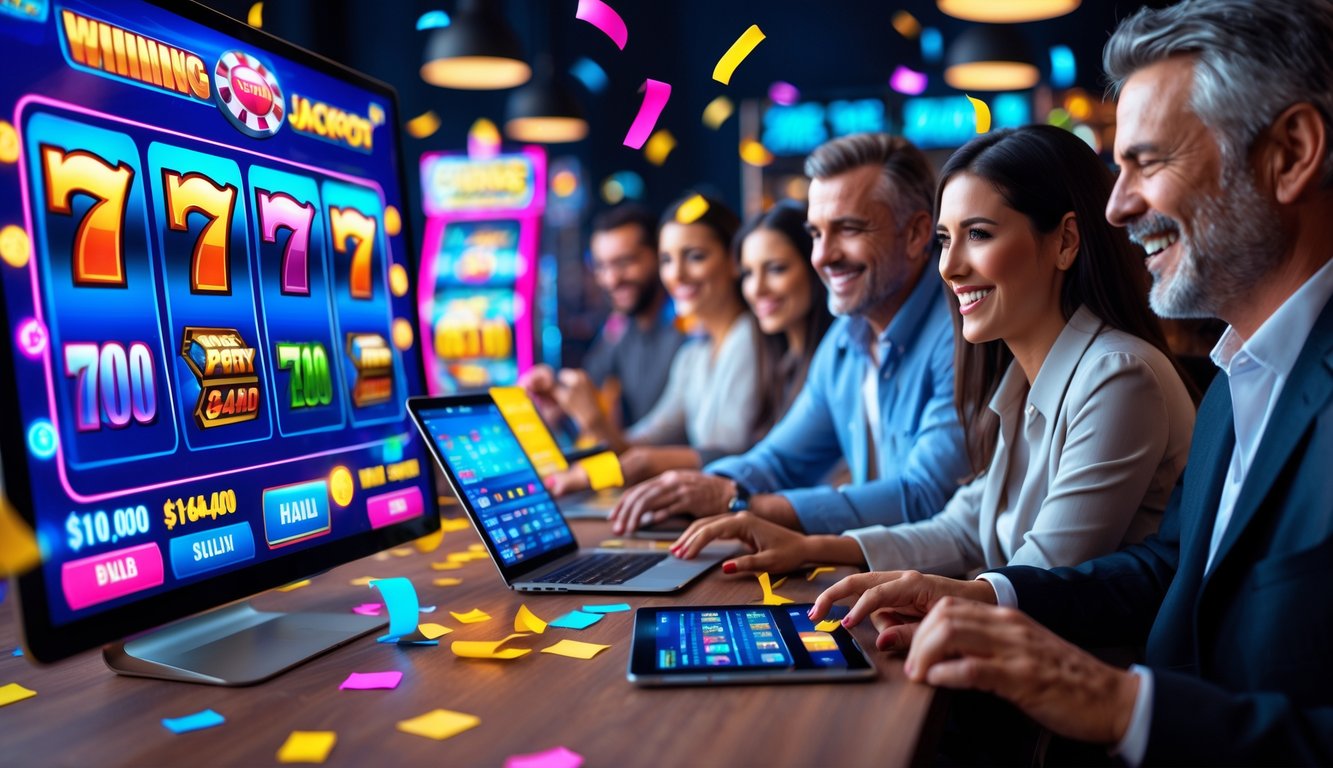 Beberapa orang bermain mesin slot online di perangkat digital dengan ekspresi senang dan suasana penuh semangat.