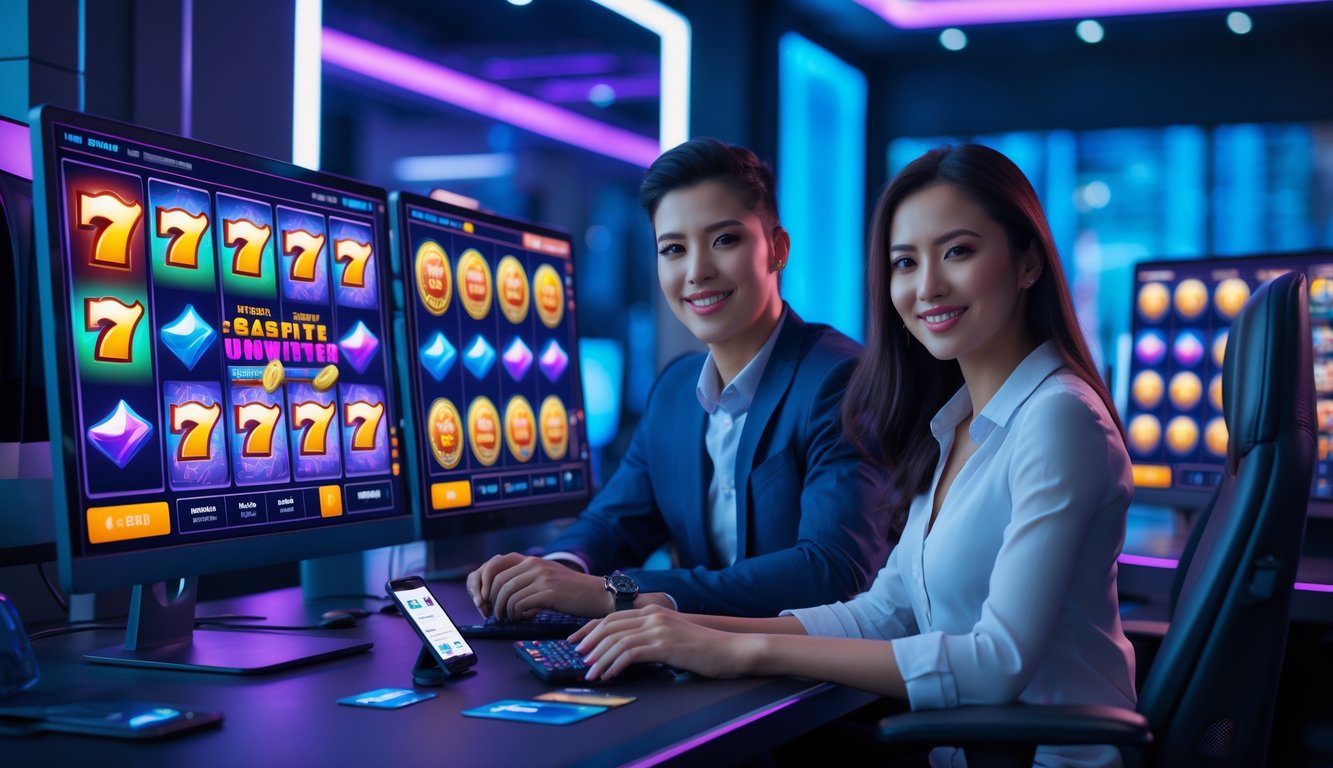 Dua orang dewasa sedang bermain slot online di komputer dengan suasana ruangan yang modern dan pencahayaan biru ungu.