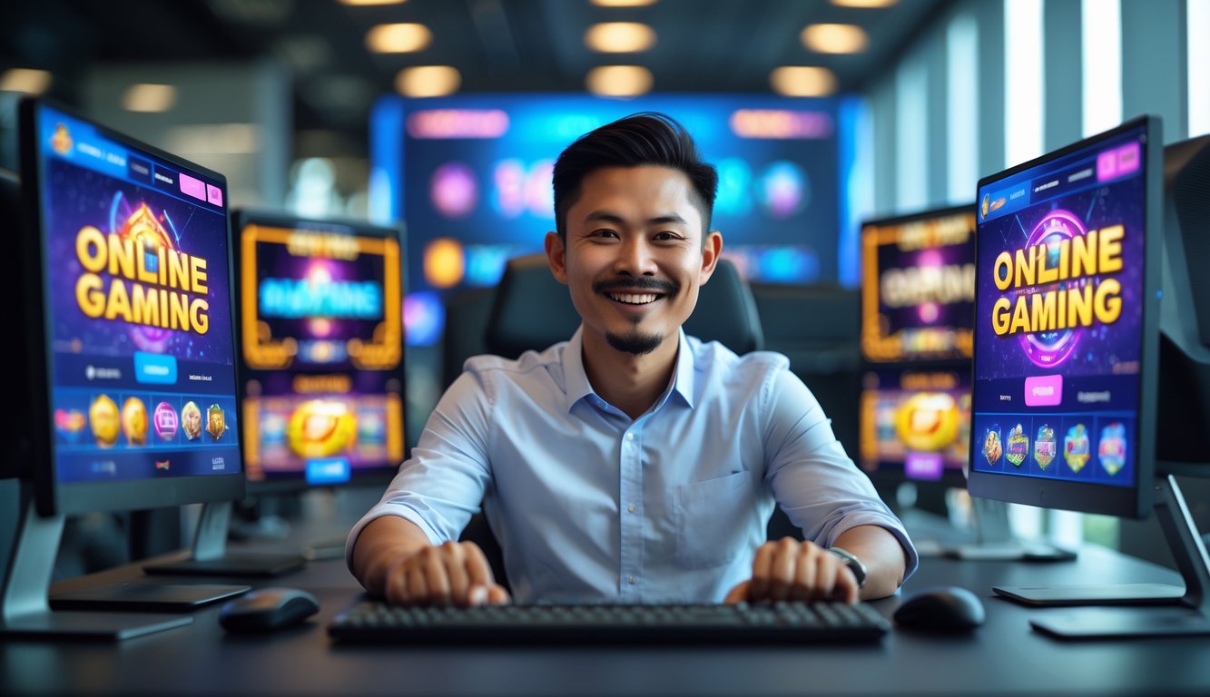 Seorang pria Asia Tenggara tersenyum duduk di depan komputer dengan layar permainan slot online di kantor modern.