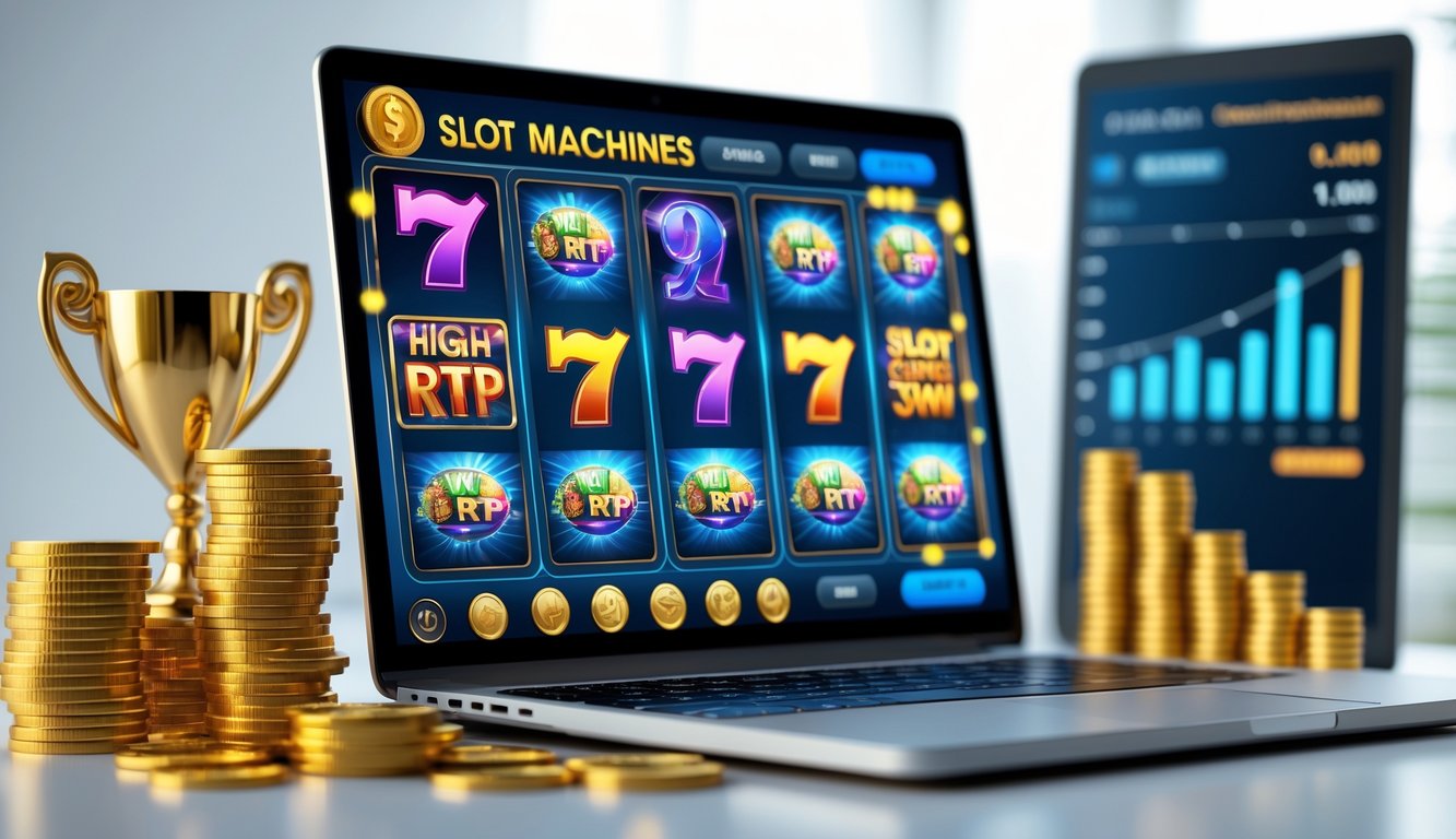 Seorang pria di depan komputer dengan layar menampilkan permainan slot online yang berwarna-warni, dikelilingi oleh tumpukan koin dan piala emas di meja kerja.