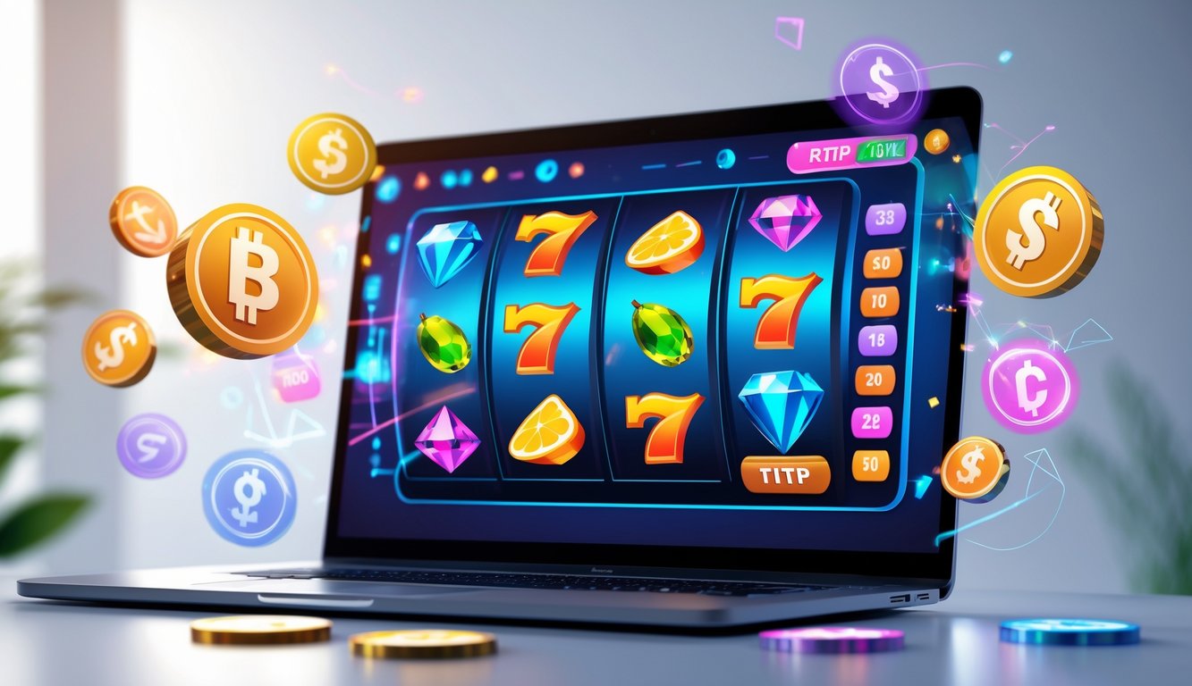 Seorang pengguna sedang bermain mesin slot online di laptop dengan simbol warna-warni dan latar belakang yang bersih.