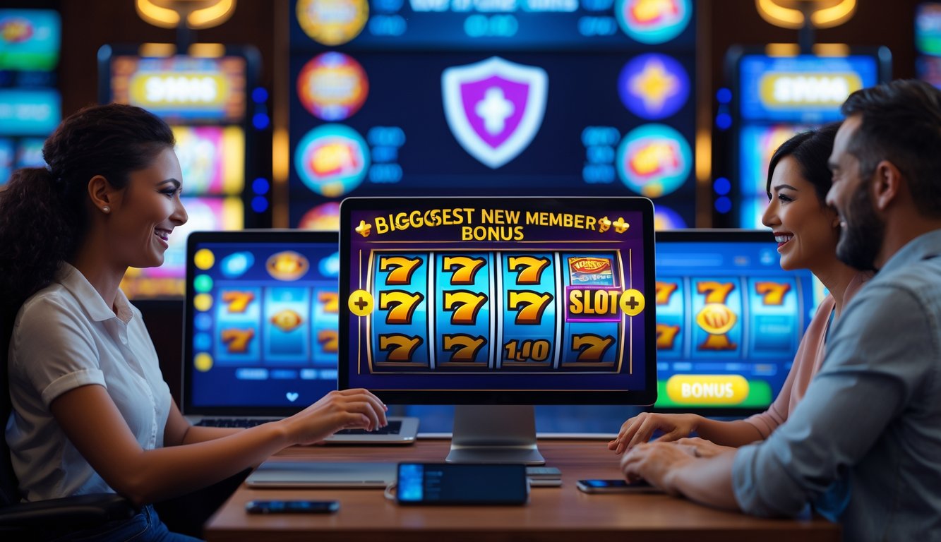 Suasana permainan slot online dengan antarmuka digital berwarna-warni dan pemain yang senang menggunakan perangkat elektronik di ruang yang nyaman.