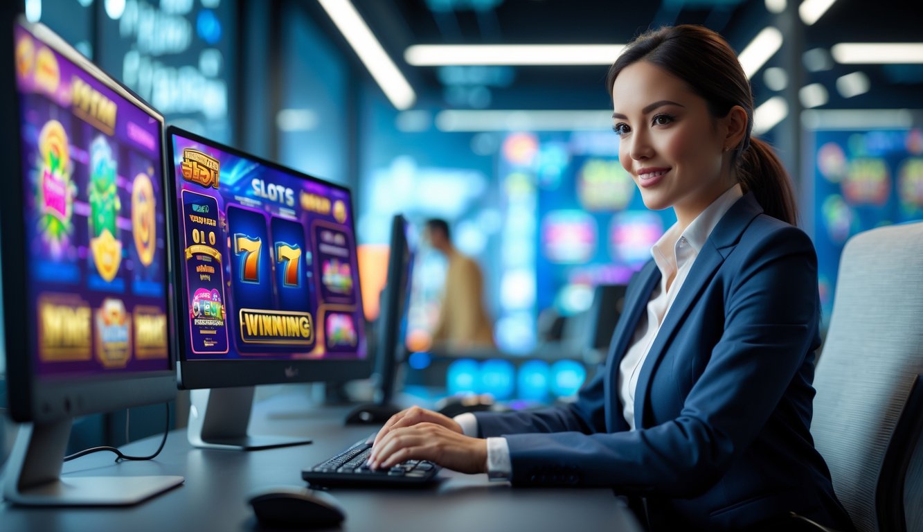 Seorang agen slot online yang percaya diri bekerja di kantor modern dengan beberapa layar komputer menampilkan permainan slot dan kemenangan.
