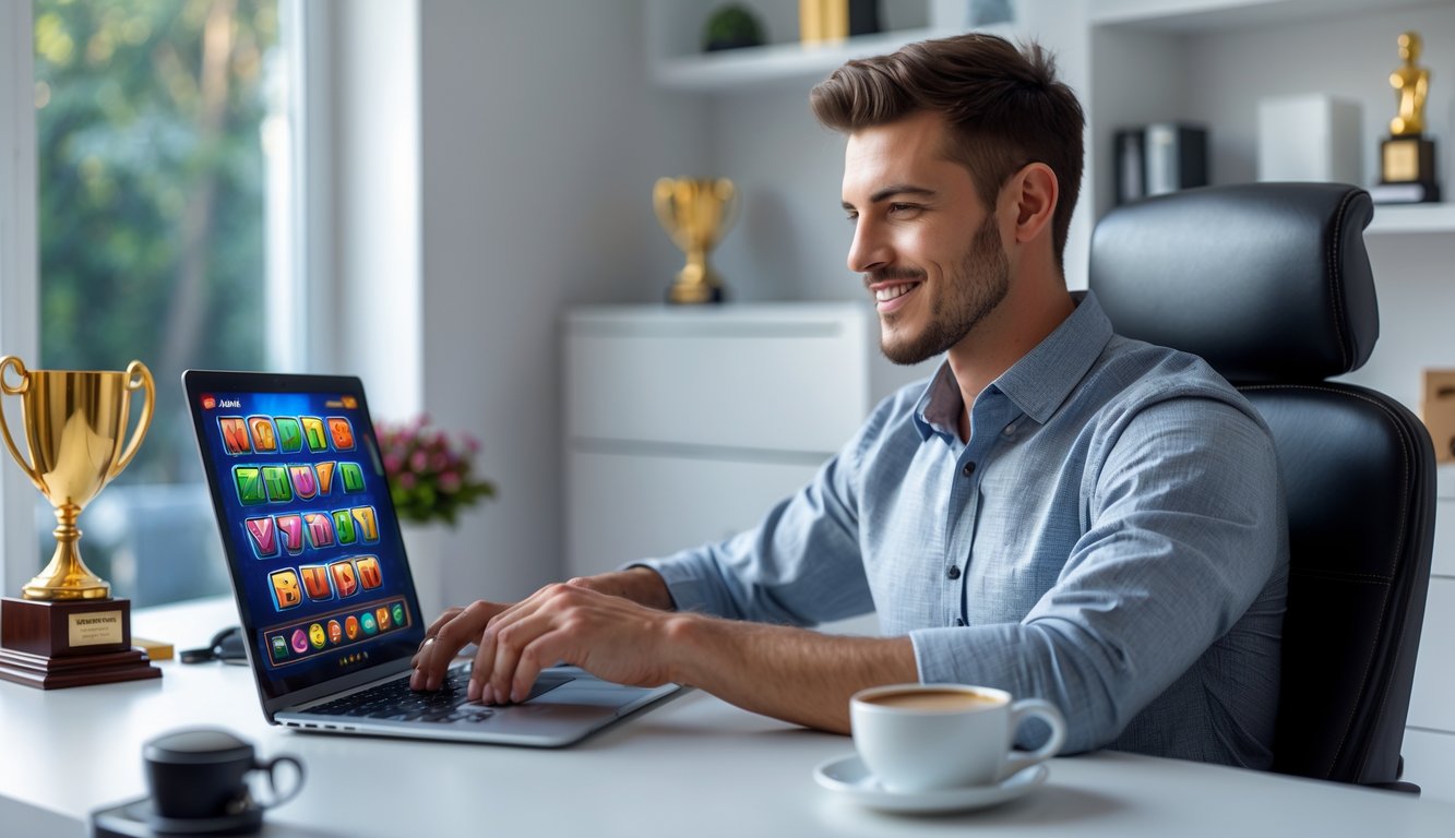 Seorang pria muda duduk santai di depan laptop di ruang kerja modern dengan pencahayaan alami, menunjukkan suasana aman dan terpercaya dalam bermain slot online.