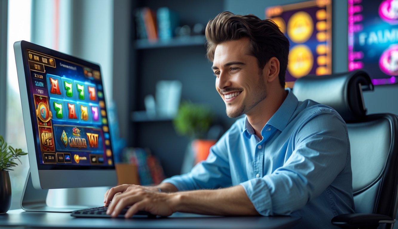 Seorang pria muda tersenyum duduk di meja dengan komputer yang menampilkan permainan slot online di ruang kerja modern.