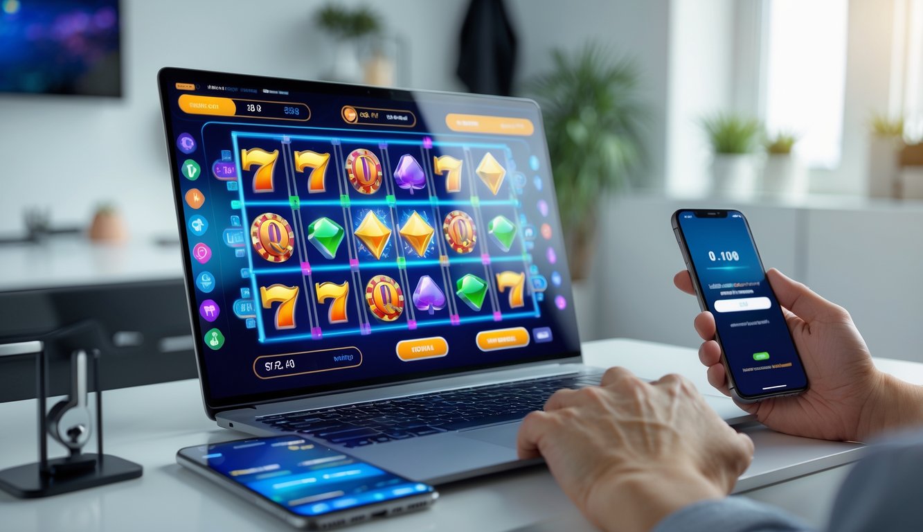 Seseorang menggunakan laptop dan smartphone di ruang kerja modern dengan tampilan permainan slot online di layar.