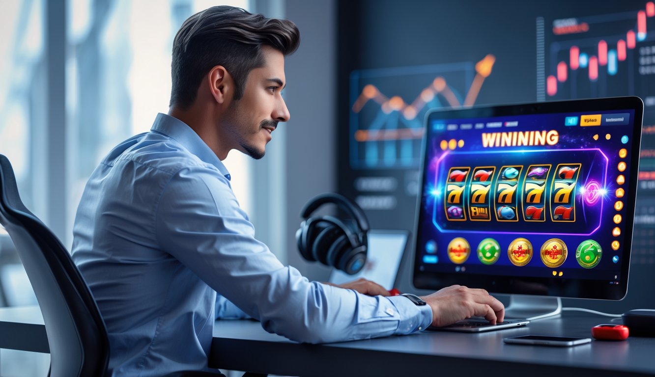 Seorang pria muda duduk di depan laptop yang menampilkan permainan slot online dengan ekspresi fokus dan percaya diri di ruangan modern.