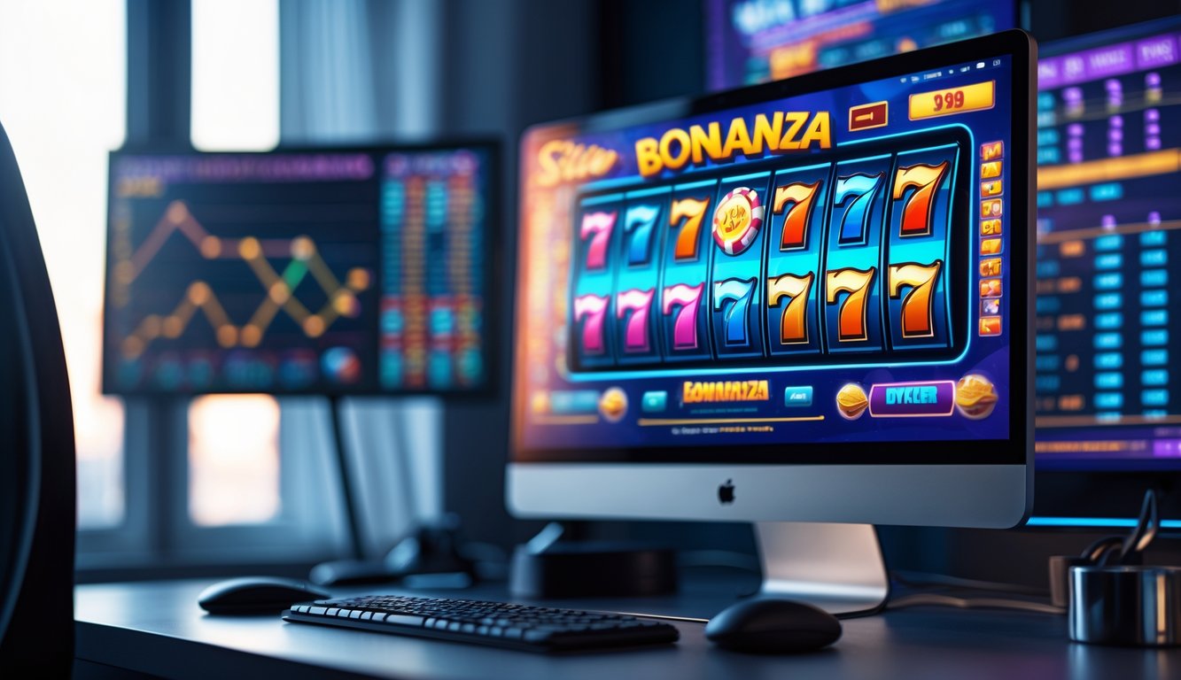 Sebuah meja kerja modern dengan komputer menampilkan permainan mesin slot online berwarna cerah dan suasana yang rapi serta profesional.