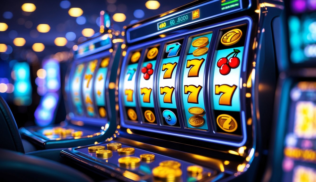 Adegan permainan slot online dengan mesin slot berwarna-warni yang sedang berputar dan latar belakang lampu digital yang menyala.