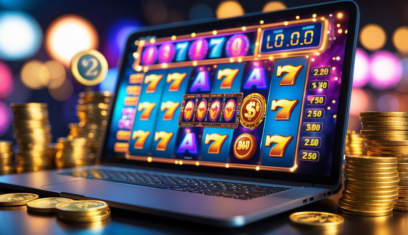 Seorang pemain sedang menggunakan komputer dengan layar menampilkan permainan mesin slot online yang penuh warna dan simbol jackpot, dikelilingi tumpukan chip kasino dan koin emas.