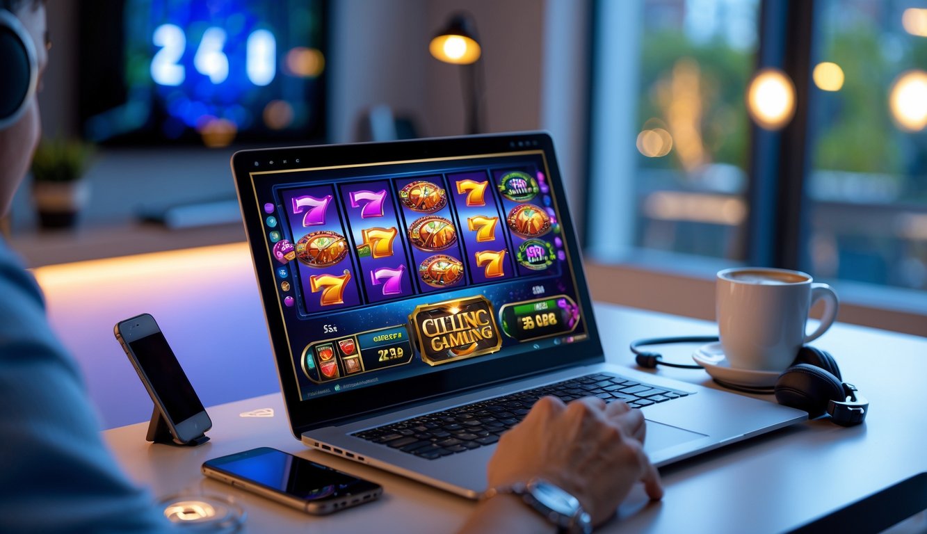 Seseorang menggunakan laptop dengan permainan slot online di layar di meja kerja yang rapi dan terang.