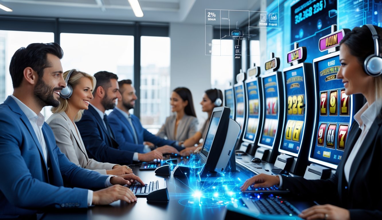 Sekelompok orang dewasa sedang menggunakan mesin slot digital di ruangan terang dengan layar komputer dan headset layanan pelanggan.