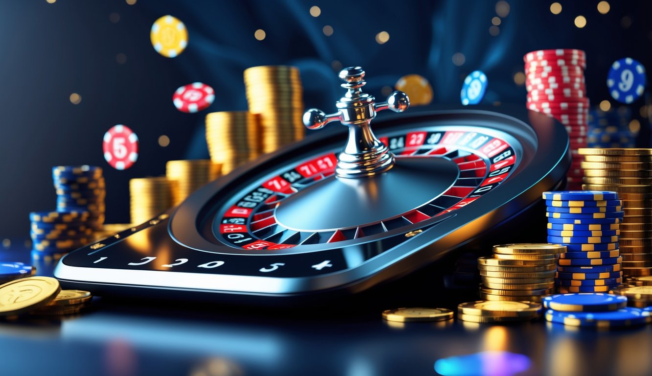 Sebuah meja roulette Prancis online dengan roda roulette digital, bola di salah satu nomor, tumpukan koin emas dan chip kasino di sekitarnya.