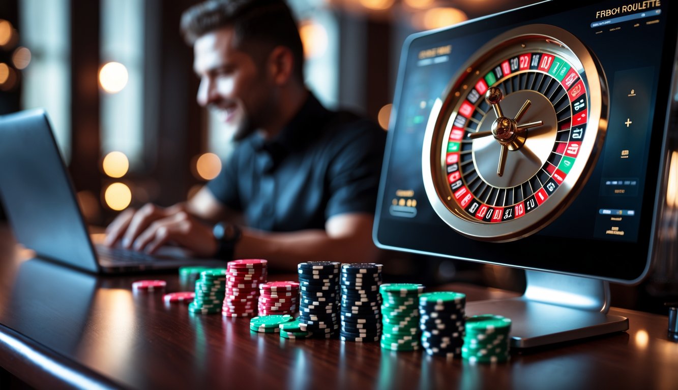 Sebuah meja dengan roda roulette digital di layar komputer dan chip permainan di atas meja, dengan seorang pemain menggunakan laptop di latar belakang.