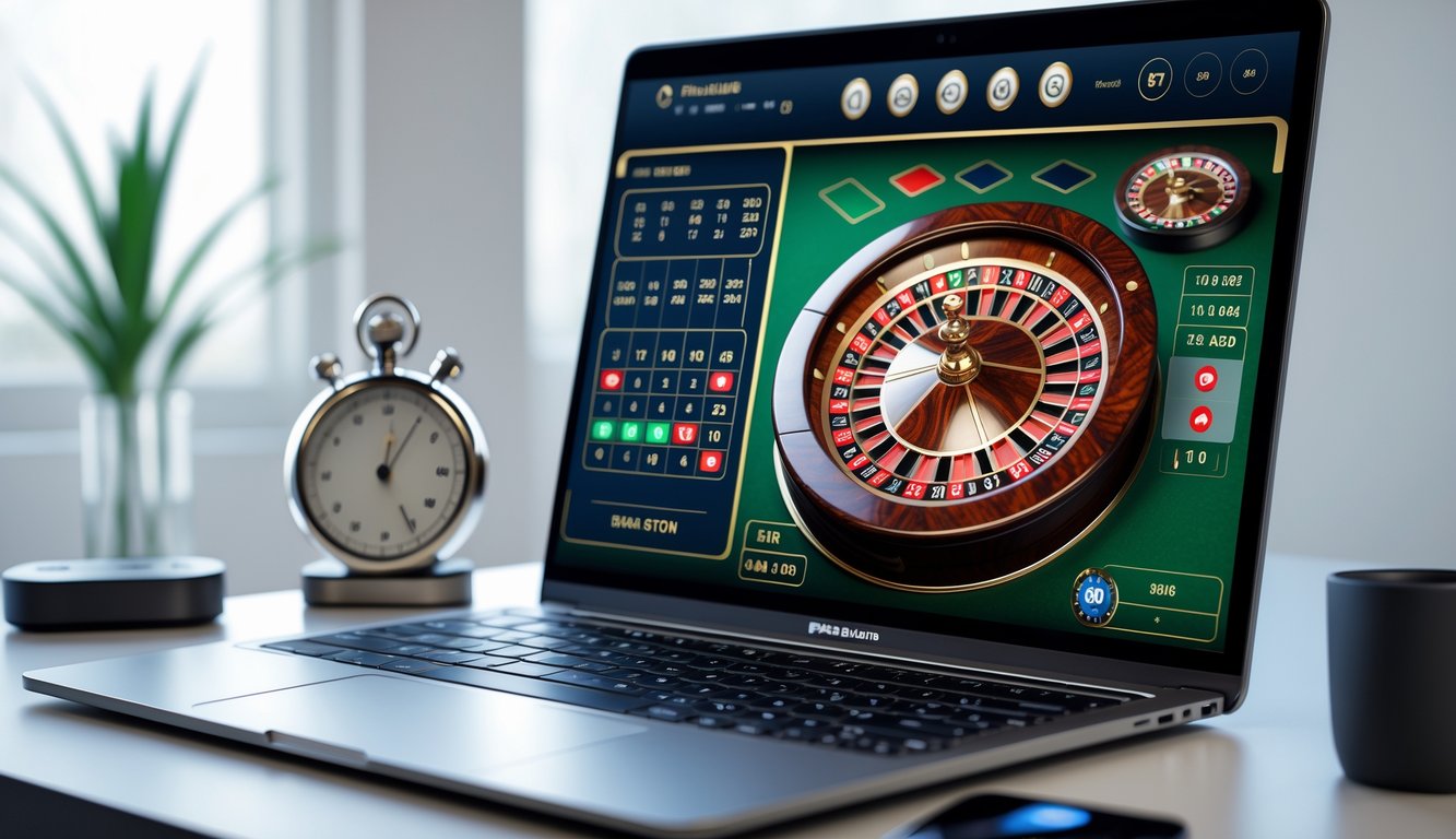 Seorang pemain menggunakan komputer dengan permainan roulette Prancis yang sedang berjalan di layar, menunjukkan suasana permainan judi online yang profesional dan terpercaya.