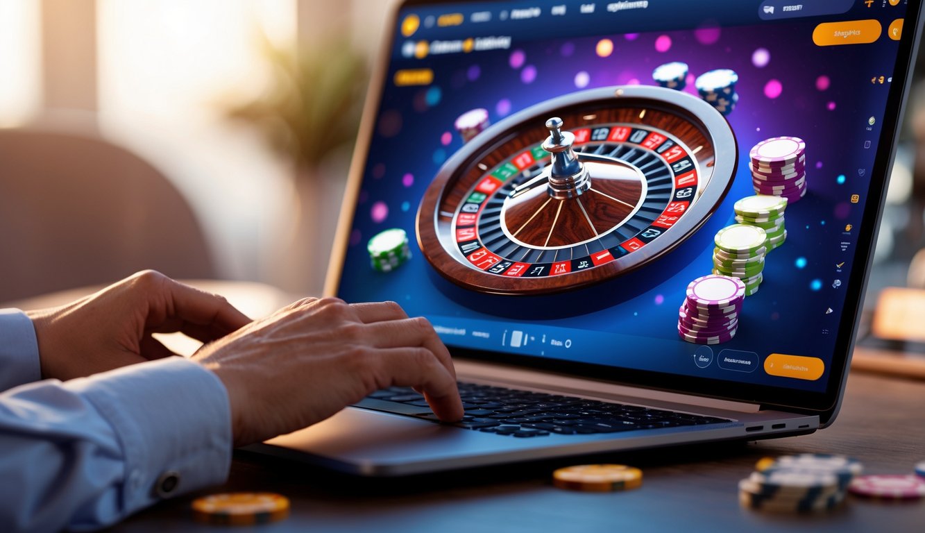 Tangan seseorang menggunakan laptop dengan tampilan roda roulette digital dan tumpukan chip di meja, suasana nyaman di latar belakang.