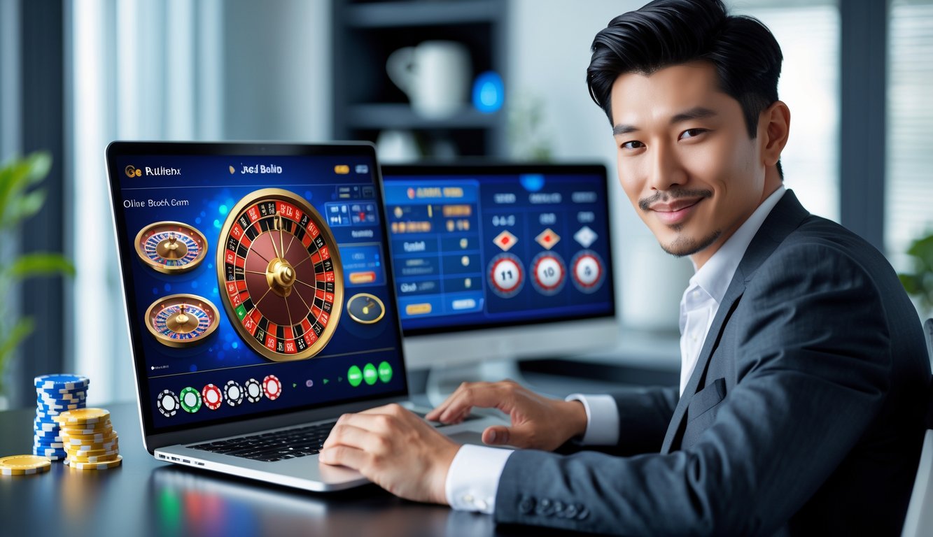 Seorang pria duduk di depan laptop dengan permainan roulette online di layar, di ruang kerja modern.