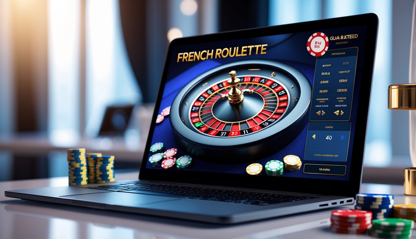 Sebuah meja kerja dengan komputer menampilkan permainan roulette Prancis online dengan roda roulette dan chip warna-warni.