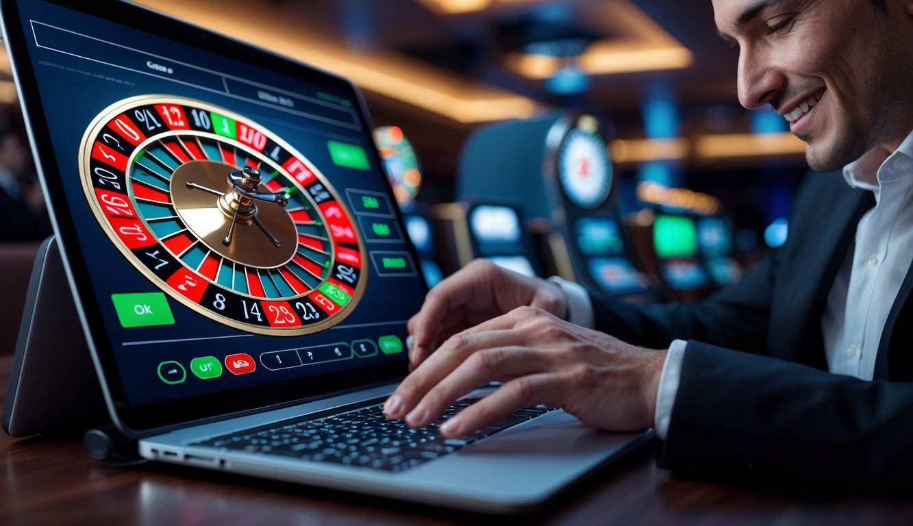 Seorang pemain sedang menggunakan laptop untuk bermain roulette Prancis online dengan tampilan roda roulette digital di layar.