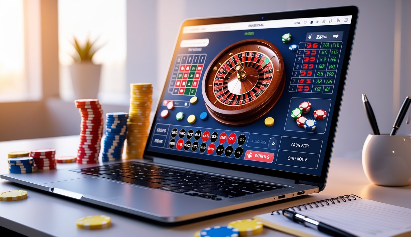 Layar laptop menampilkan permainan roulette Prancis online dengan tumpukan chip kasino dan alat tulis di meja kerja yang rapi.