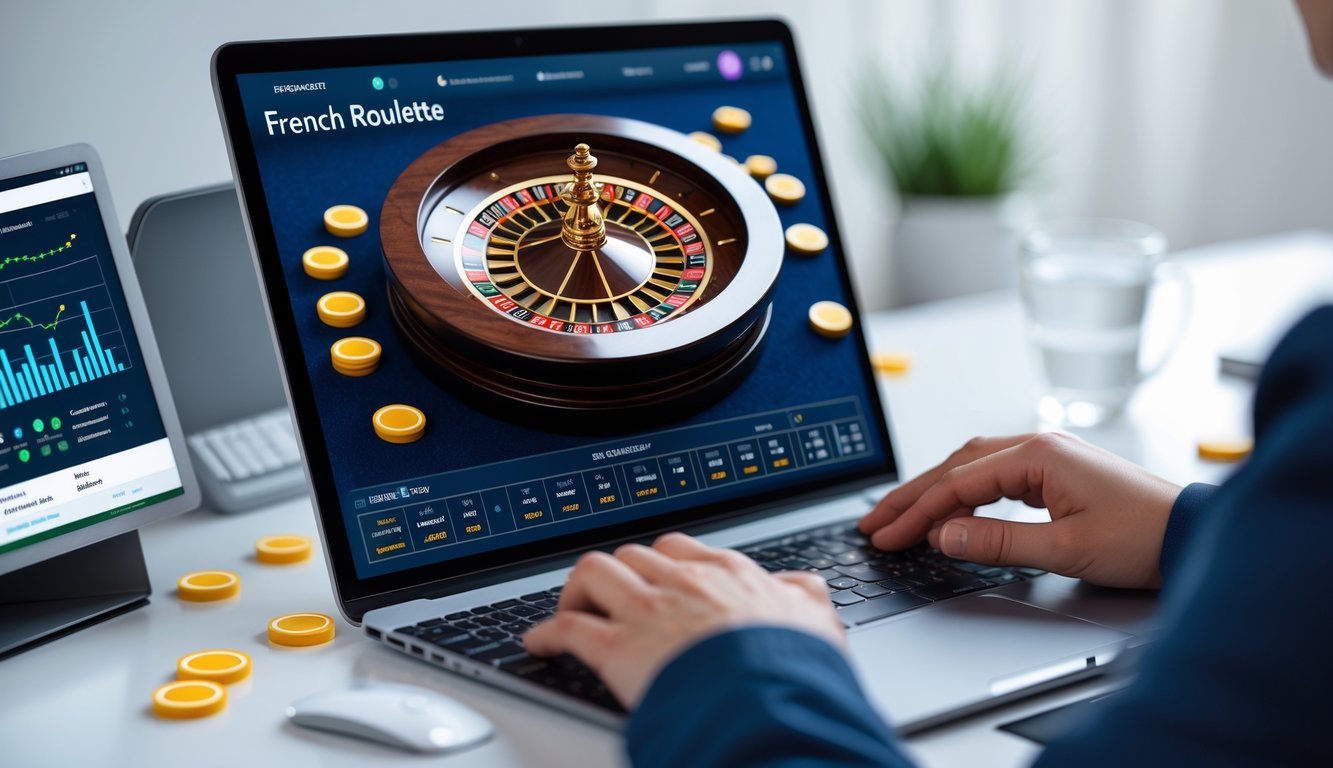 Seseorang sedang bermain roulette Prancis secara online menggunakan komputer dengan tampilan roda roulette dan chip taruhan.