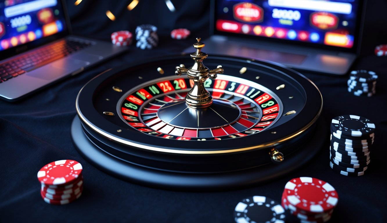 Meja roulette Prancis dengan roda berputar dan bola putih, ditampilkan bersama perangkat digital yang menunjukkan permainan kasino online.