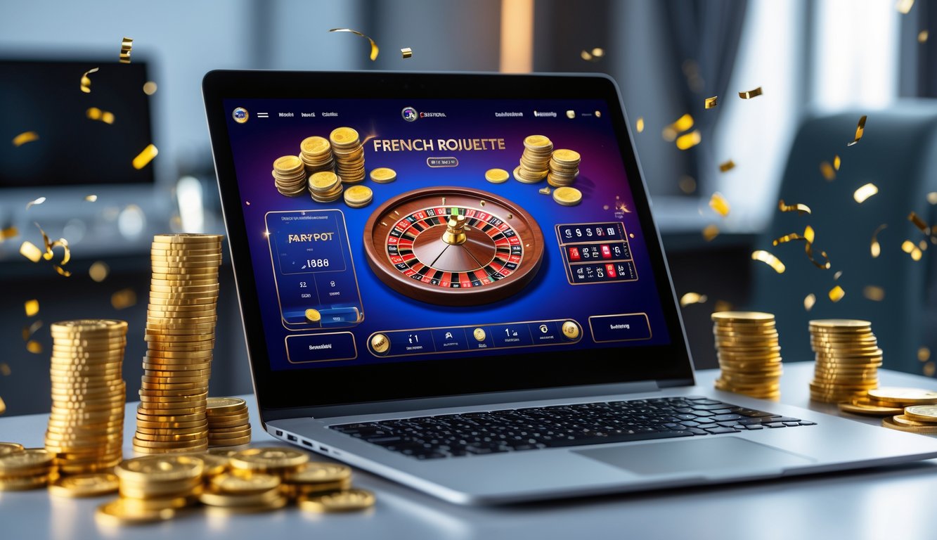Sebuah meja kerja modern dengan komputer yang menampilkan permainan French Roulette online dan tumpukan chip kasino di sekitarnya.