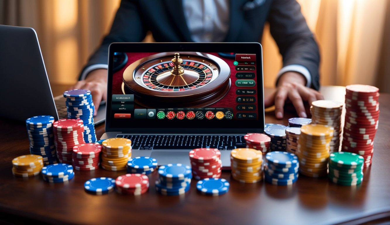 Seseorang bermain roulette Prancis online menggunakan laptop dengan chip kasino di meja kayu.