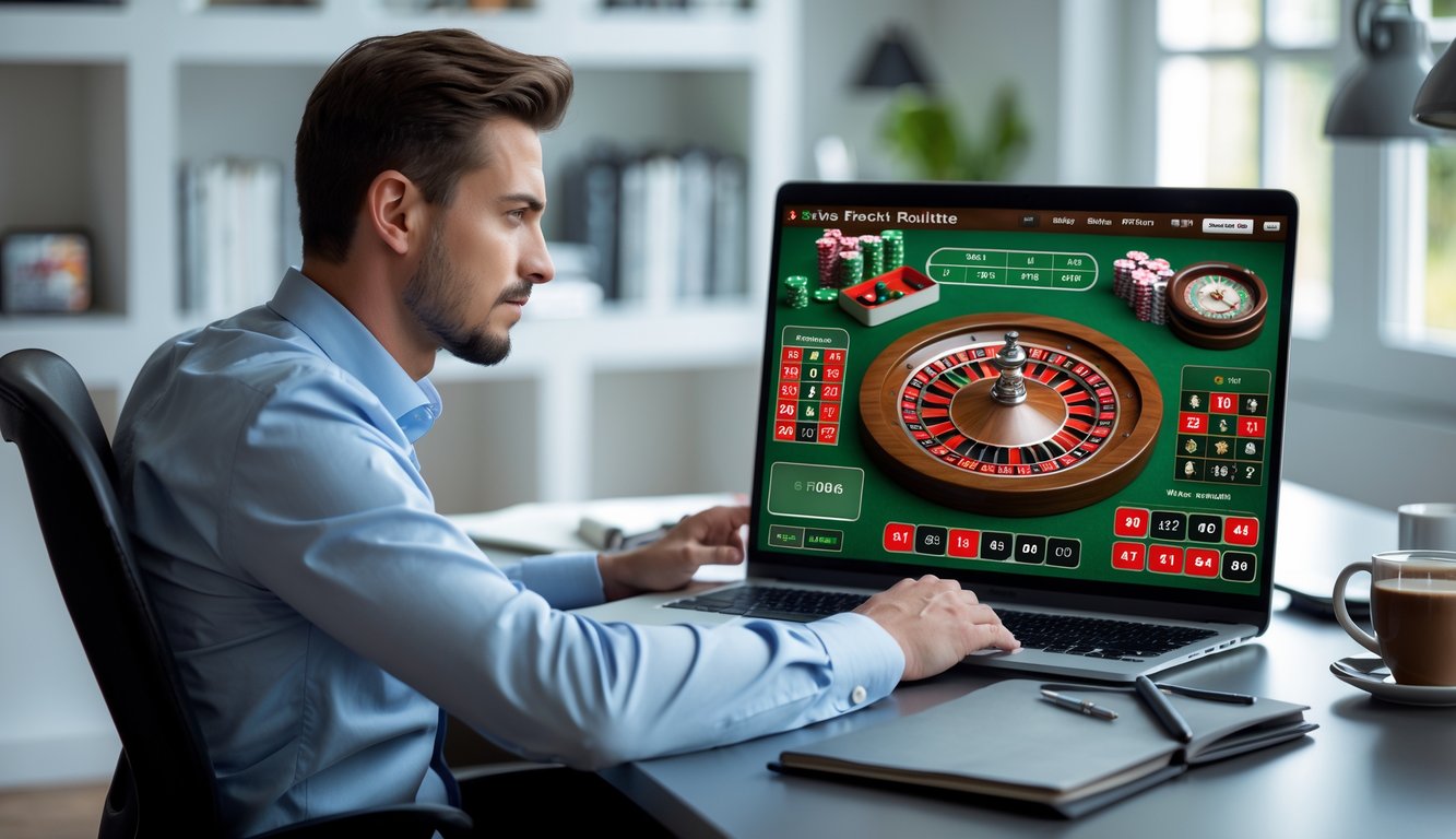 Seorang pria muda duduk di depan laptop dengan tampilan permainan roulette online di layar, di dalam ruangan yang terang dan rapi.