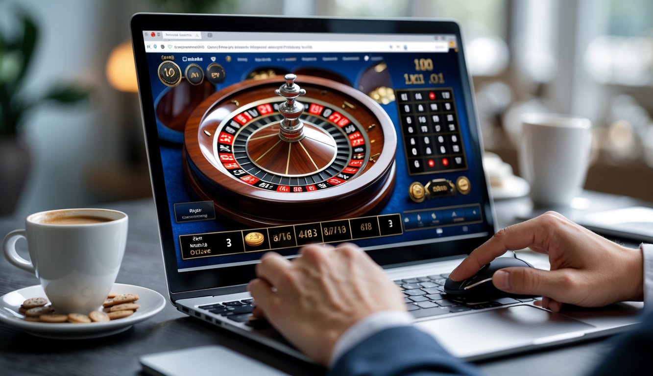 Sebuah komputer menampilkan permainan rolet Prancis online dengan roda rolet berputar dan tangan seseorang siap memasang taruhan.
