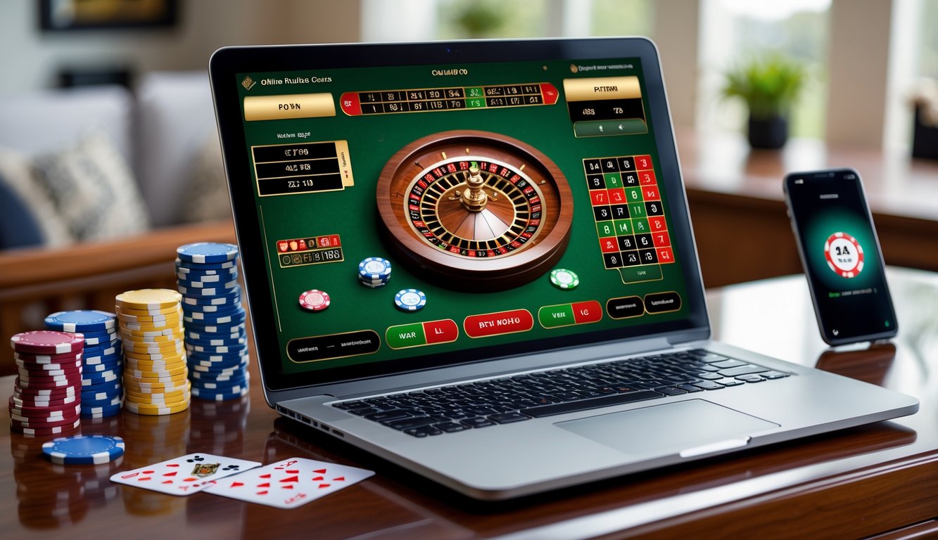 Seorang laptop menampilkan permainan roulette Prancis online di atas meja kayu dengan tumpukan chip poker dan kartu remi di sekitarnya.