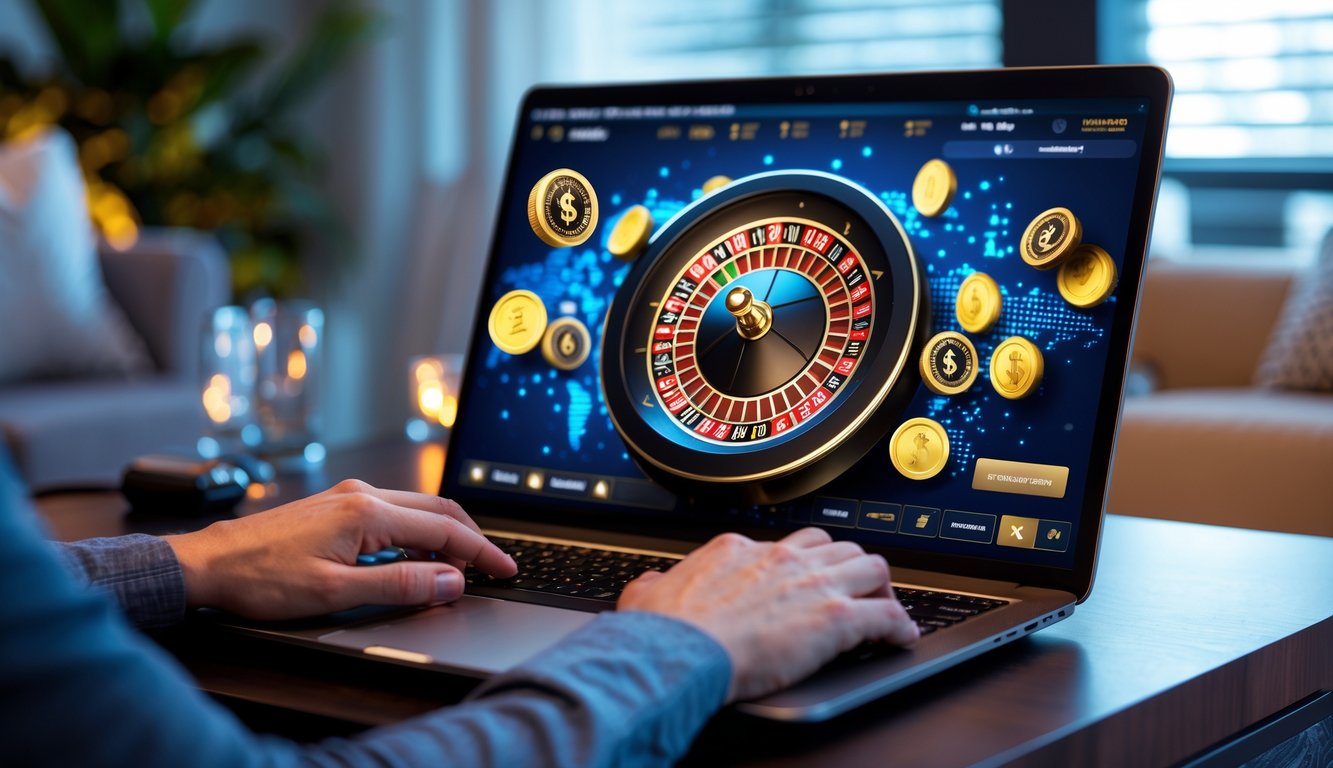 Seorang pemain sedang menggunakan laptop dengan tampilan roda roulette Prancis di layar dalam suasana ruang santai yang modern.