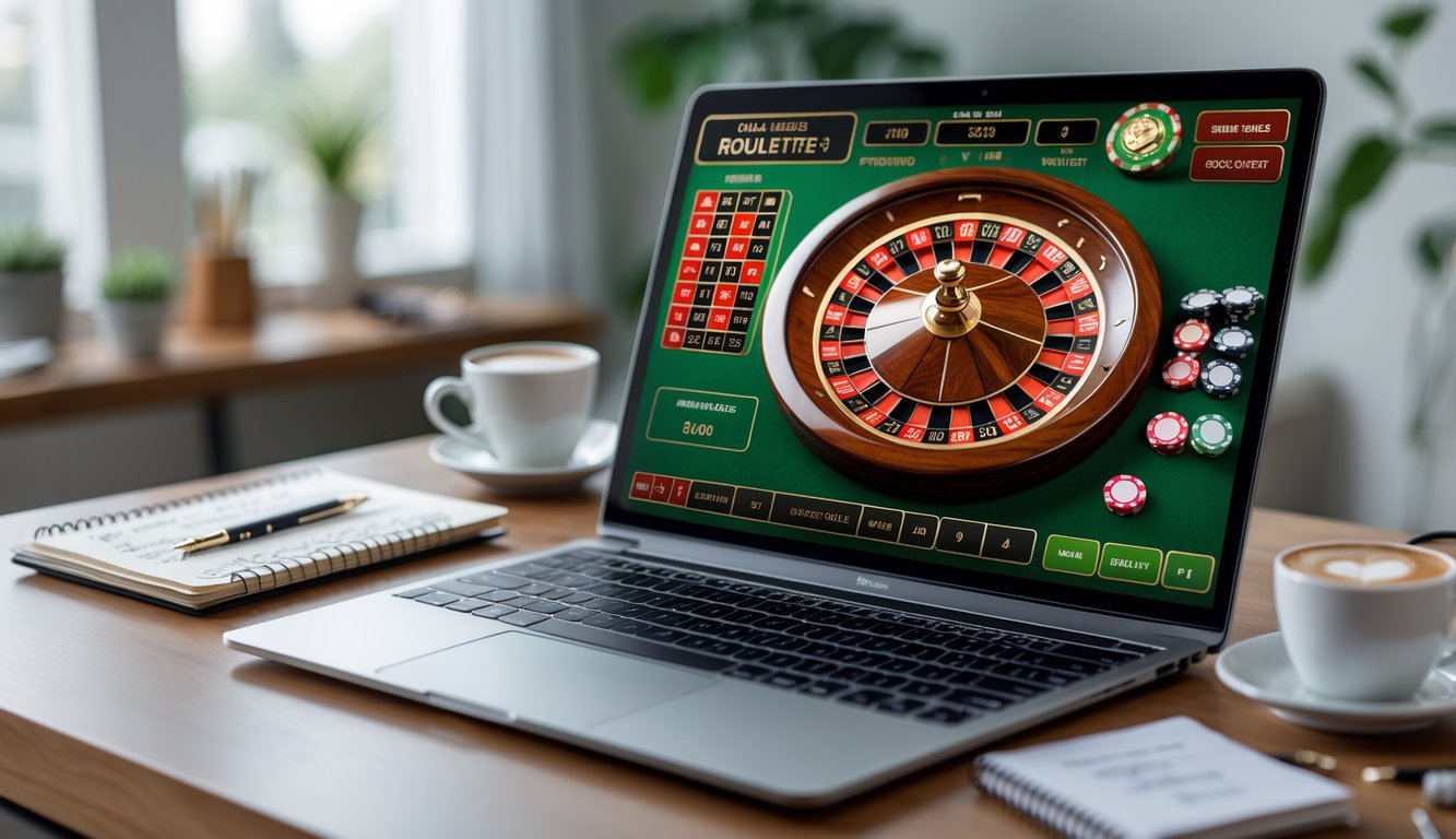 Seorang pengguna sedang bermain roulette Prancis online di laptop di meja kerja dengan catatan dan kopi di sampingnya.
