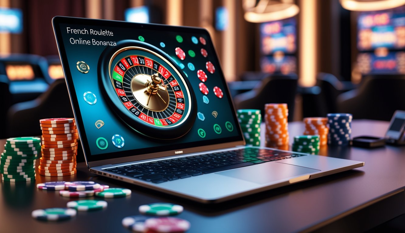 Sebuah komputer modern menampilkan roda roulette Prancis yang berputar dengan latar belakang suasana kasino yang hangat dan elegan.