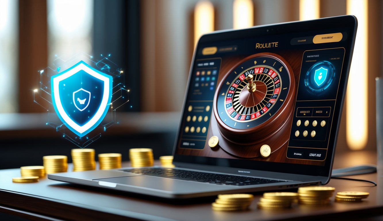 Sebuah laptop menampilkan roda roulette Prancis dengan koin emas di meja kayu, menggambarkan permainan judi online yang aman dan cepat.