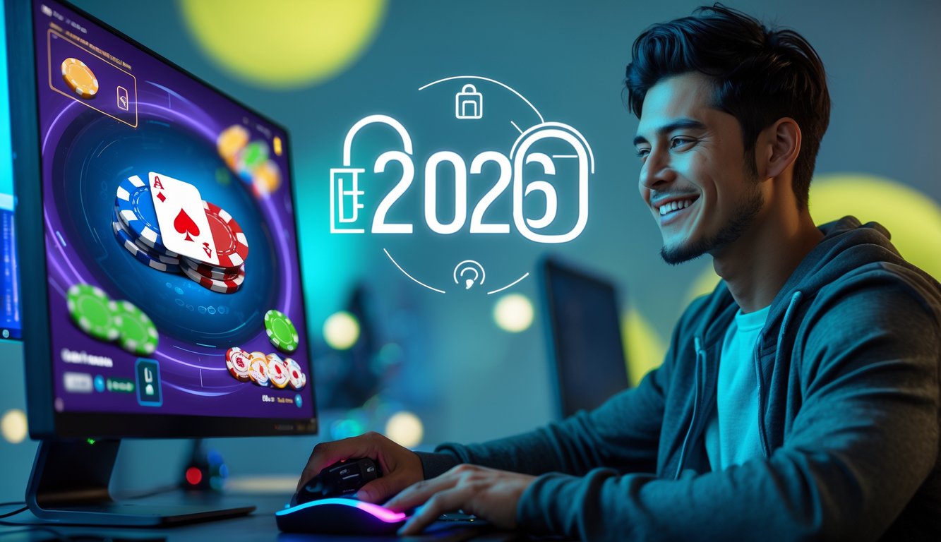 Seorang pemain muda sedang bermain poker online di komputer dengan suasana ruangan yang modern dan terang.