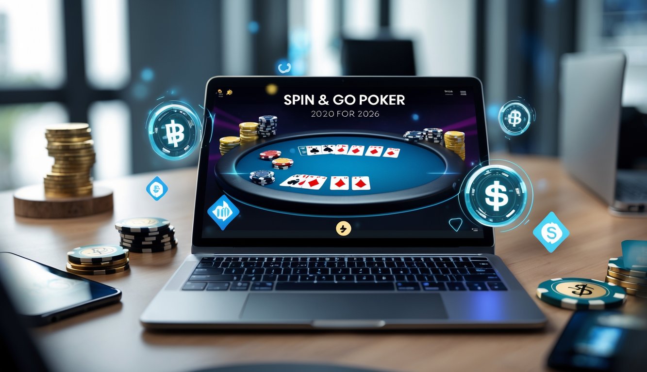 Seseorang bermain poker online di laptop dengan kartu dan chip terlihat, di meja kerja yang rapi dengan simbol keamanan dan transaksi digital.